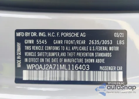 2021 Porsche Panamera 4 z USA, uszkodzony, nr VIN WP0AJ2A71ML116403